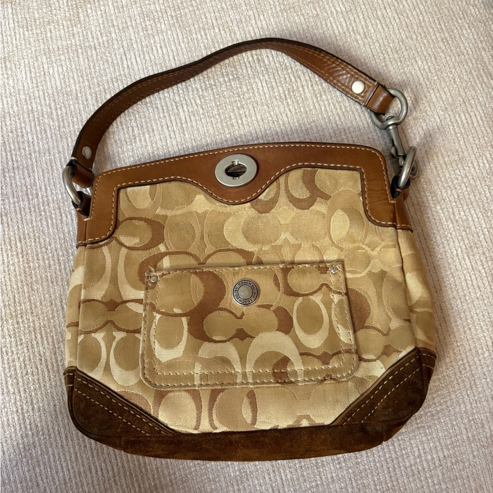 Coach Signature Logo Brown and Tan Purse. Top Turn-Lock Closure